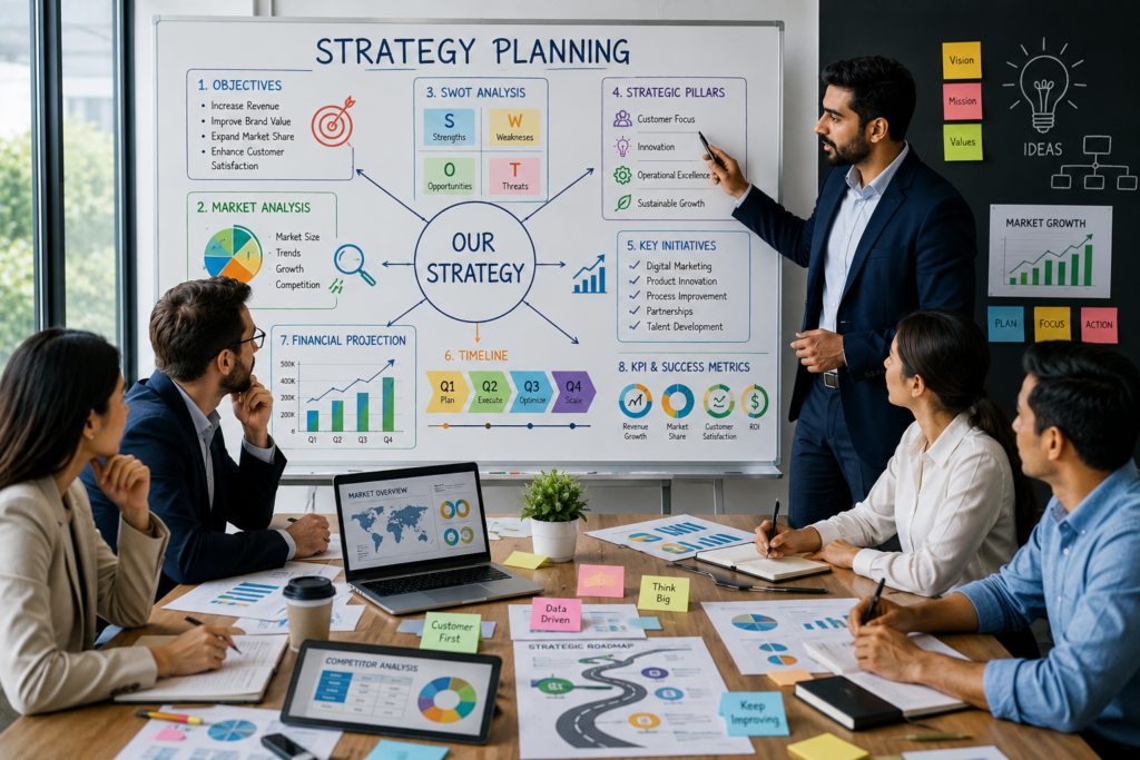 Strategy planning session with a team analyzing charts, timelines, and business goals.